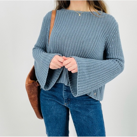 roxy sky blue boho beachy open back knit sweater flowy sleeve size s - Picture 5 of 8